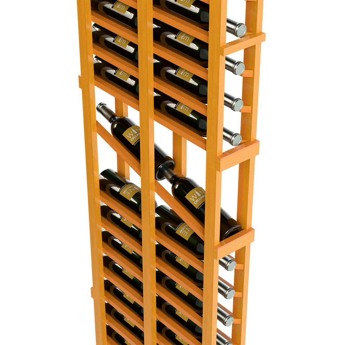 6ft wine display rack, honey wood frame with two-deep bottle rows and metal rests