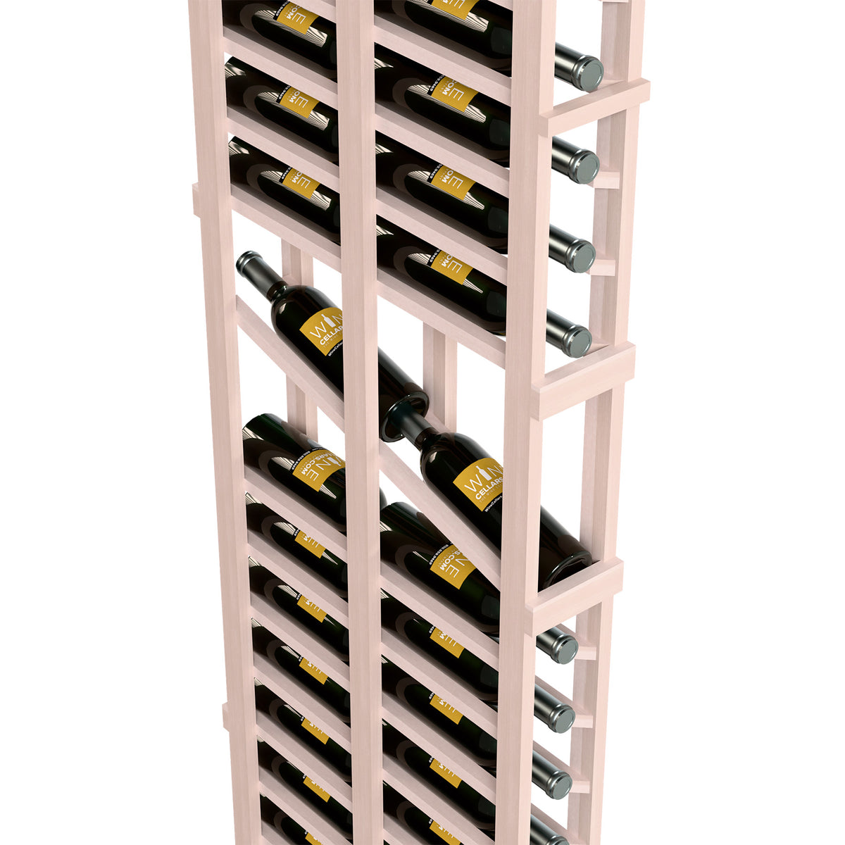6ft wine display rack, whitewashed wood frame with two-deep bottle rows and metal rests