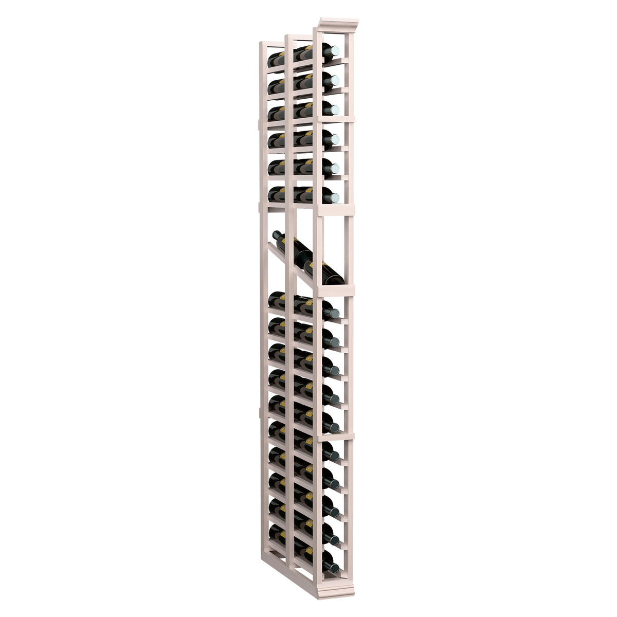 6ft wine display rack, whitewashed frame with two-deep rows of wine bottles, side view