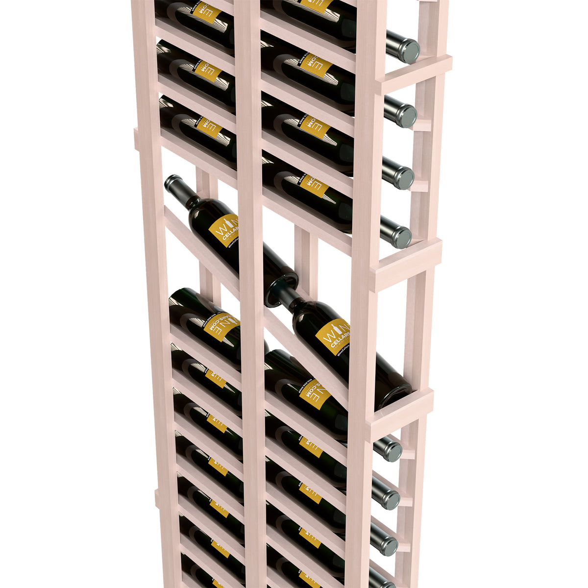 6ft wine display rack, whitewashed wood frame with two-deep bottle rows and metal rests