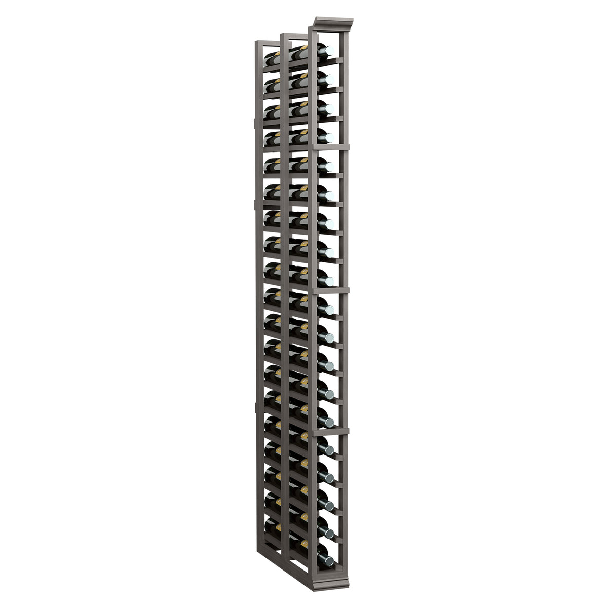 Tall 1-column double deep wine rack with dark frame and metal bottle holders