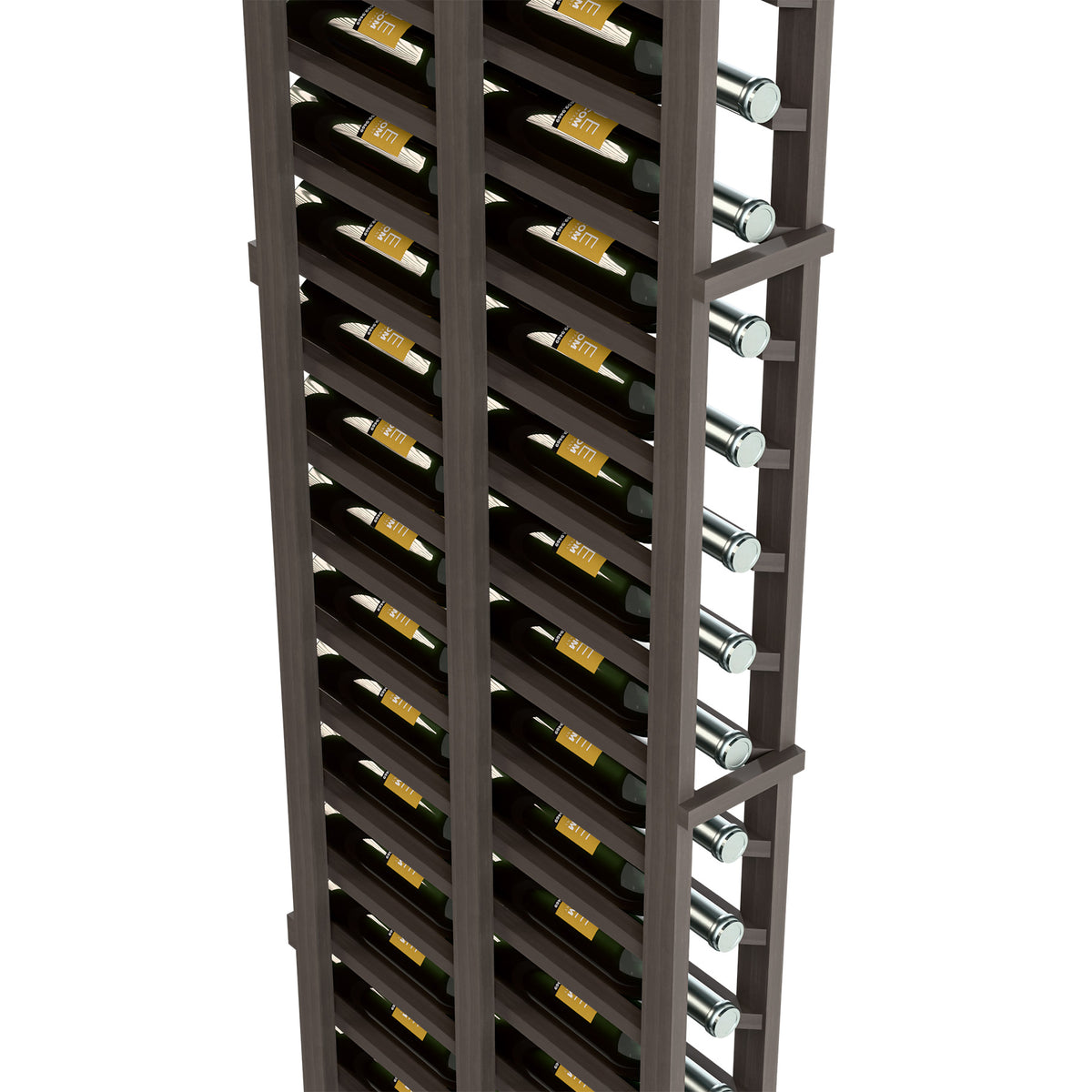 Side view of 1-column double deep wine rack with dark wood shelves and metal pegs
