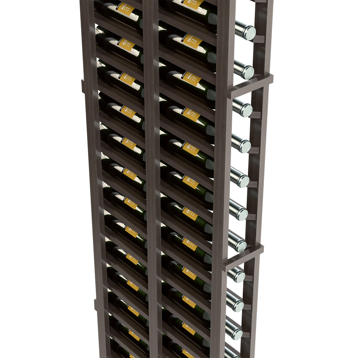 Side view of 1-column double deep wine rack with dark wood shelves and silver pegs