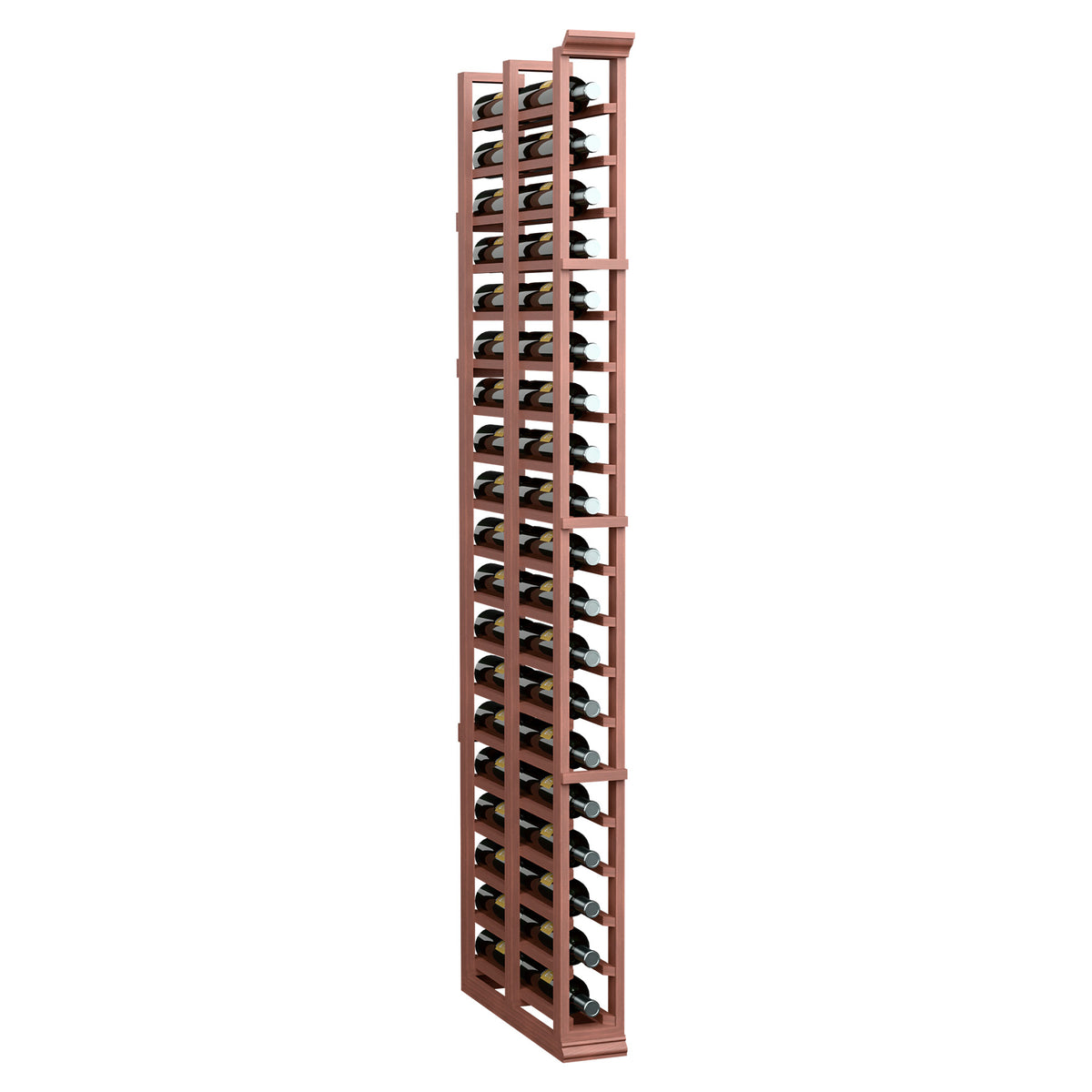 Tall 1-column double deep wine rack with warm brown frame and metal bottle holders