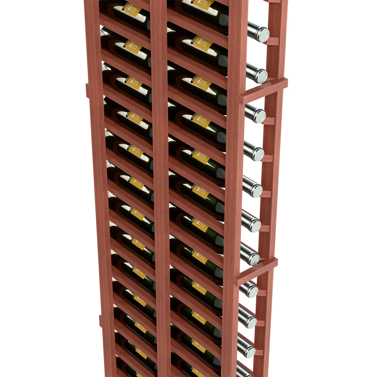 Side view of 1-column double deep wine rack with warm brown shelves and metal pegs
