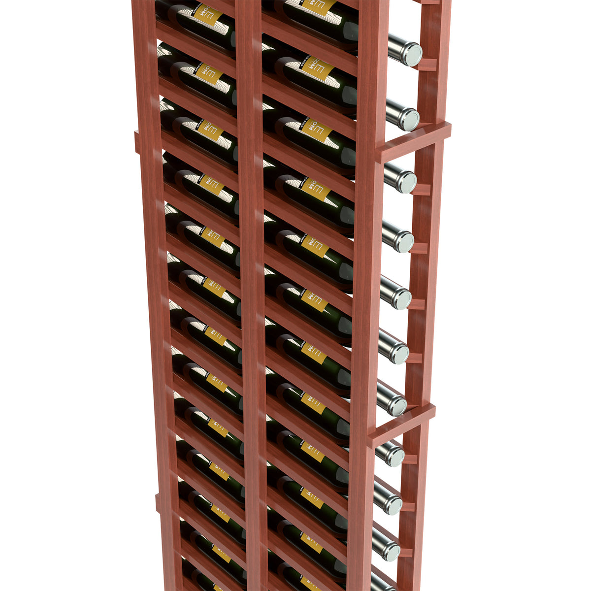 Side view of 1-column double deep wine rack with warm brown shelves and silver pegs
