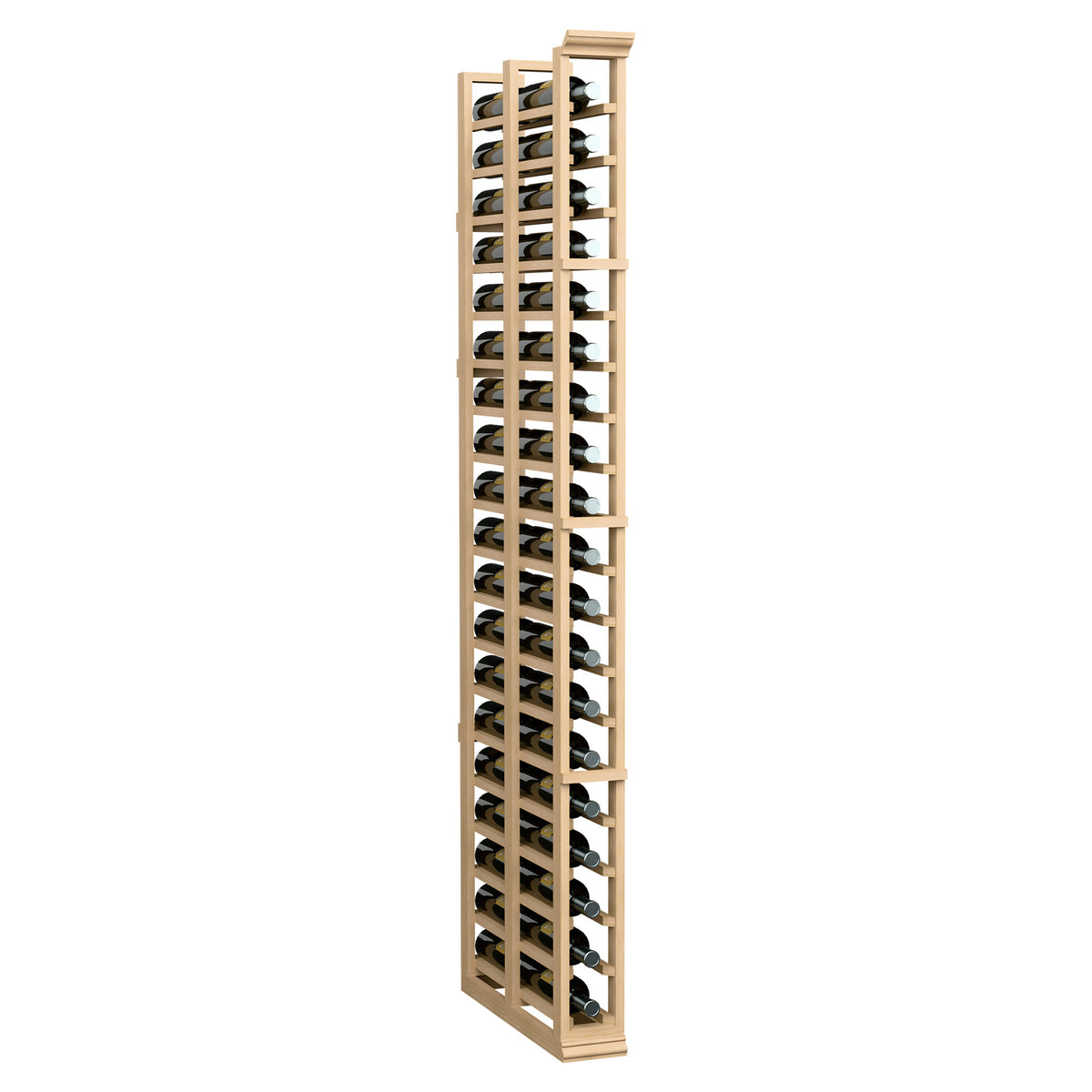 Tall 1-column double deep wine rack with light wood frame and metal bottle holders