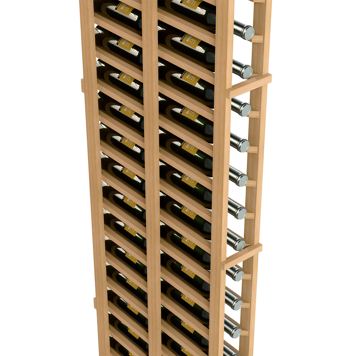 Side view of 1-column double deep wine rack with light wood shelves and metal pegs
