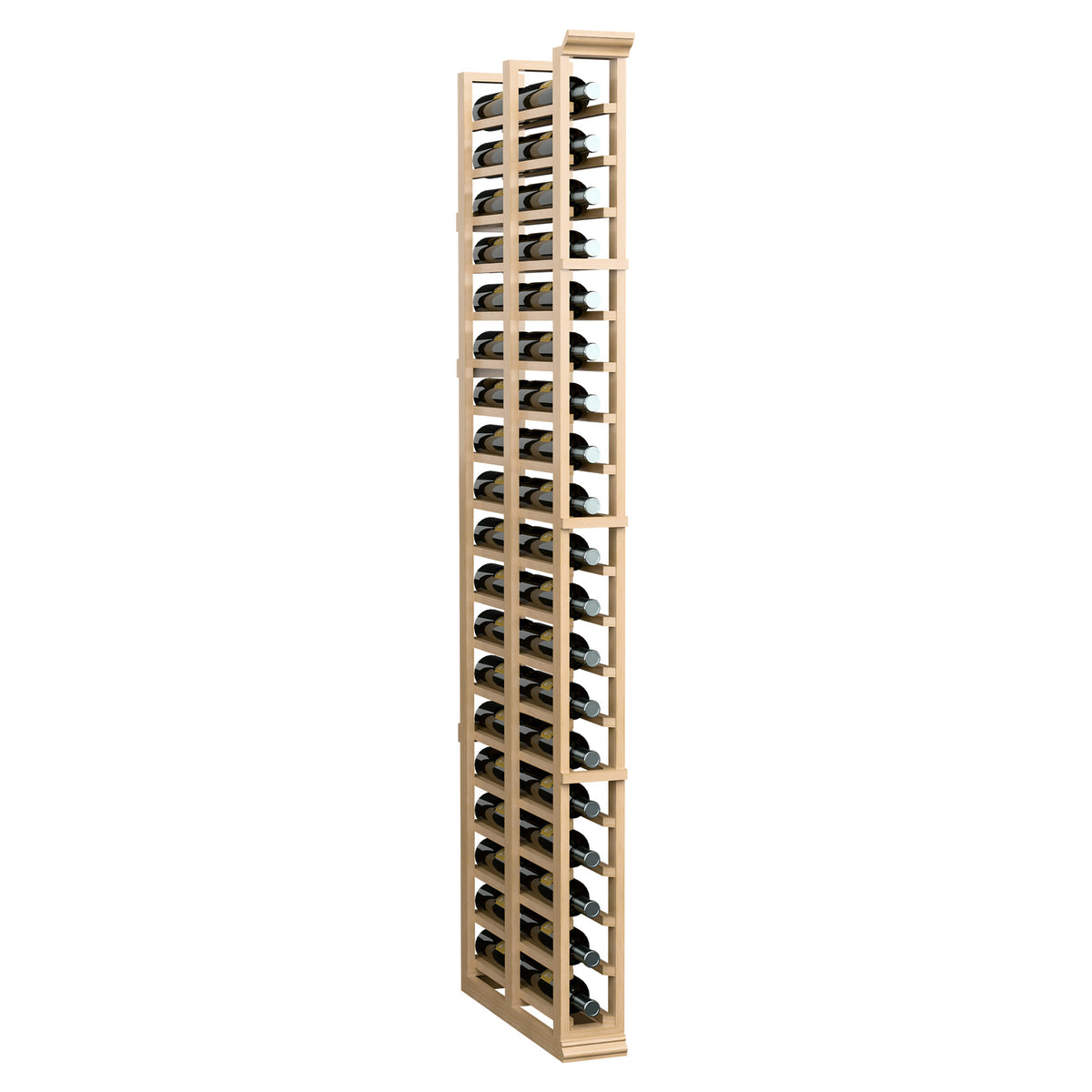 Tall wooden wine bottle rack with double-deep bottle slots and narrow frame