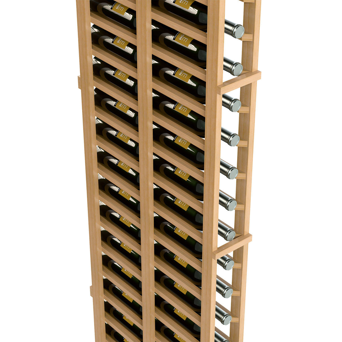 Wood wine bottle rack close-up showing stacked bottle openings and metal peg holders