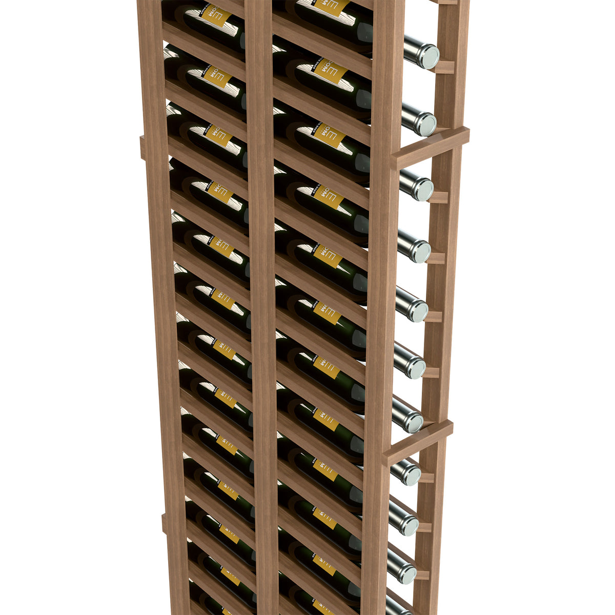 Light wood wine bottle rack close-up with bottle slots and round metal peg dowels