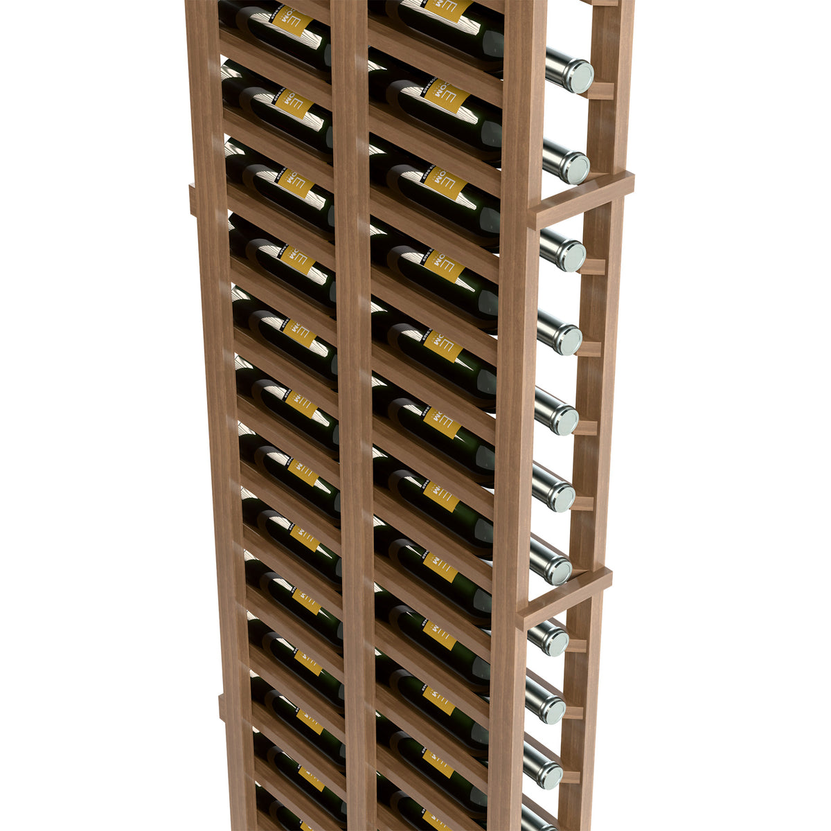 Wood wine bottle rack close-up featuring bottle slots and silver metal peg holders