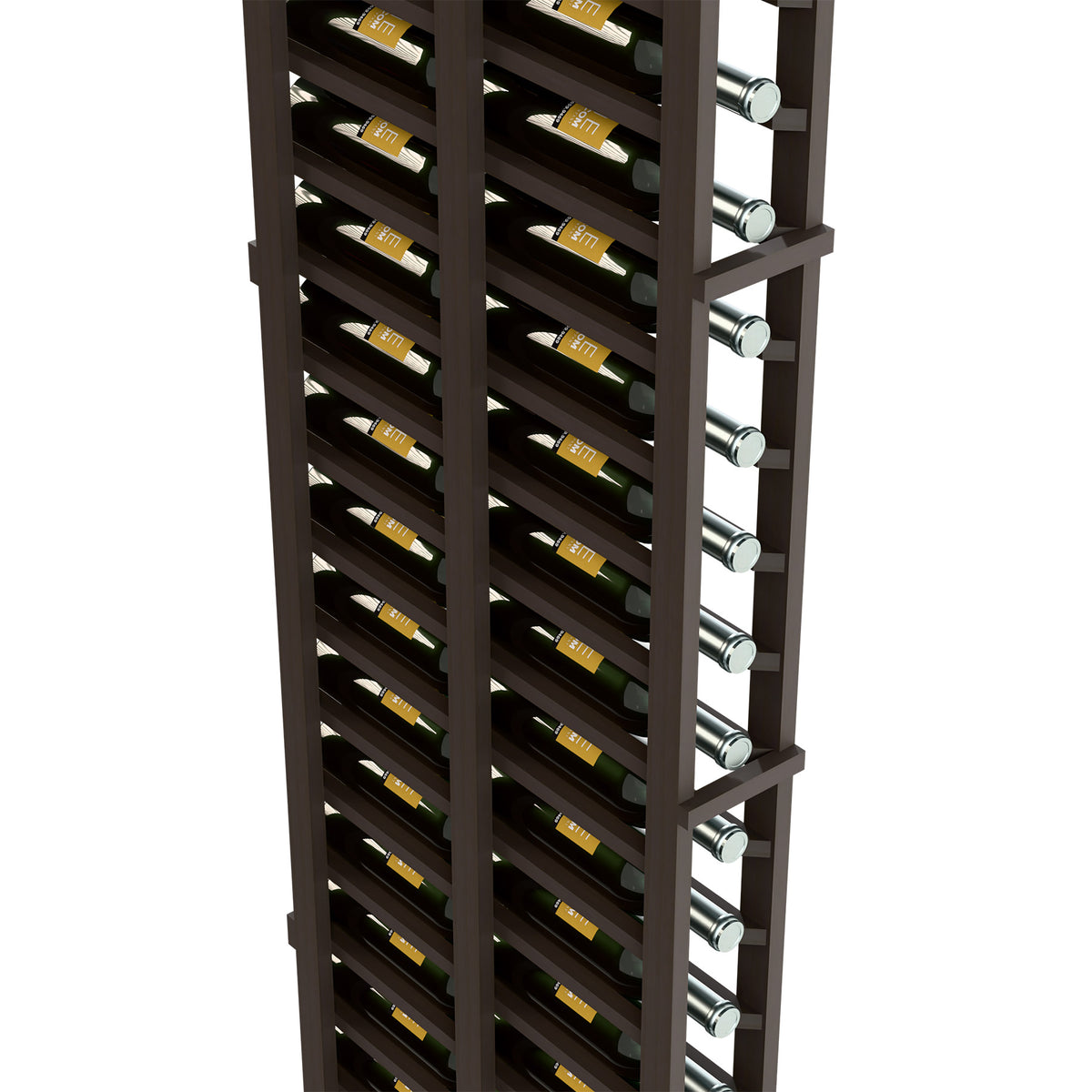 Dark brown wine bottle rack close-up showing bottle slots and silver peg holders