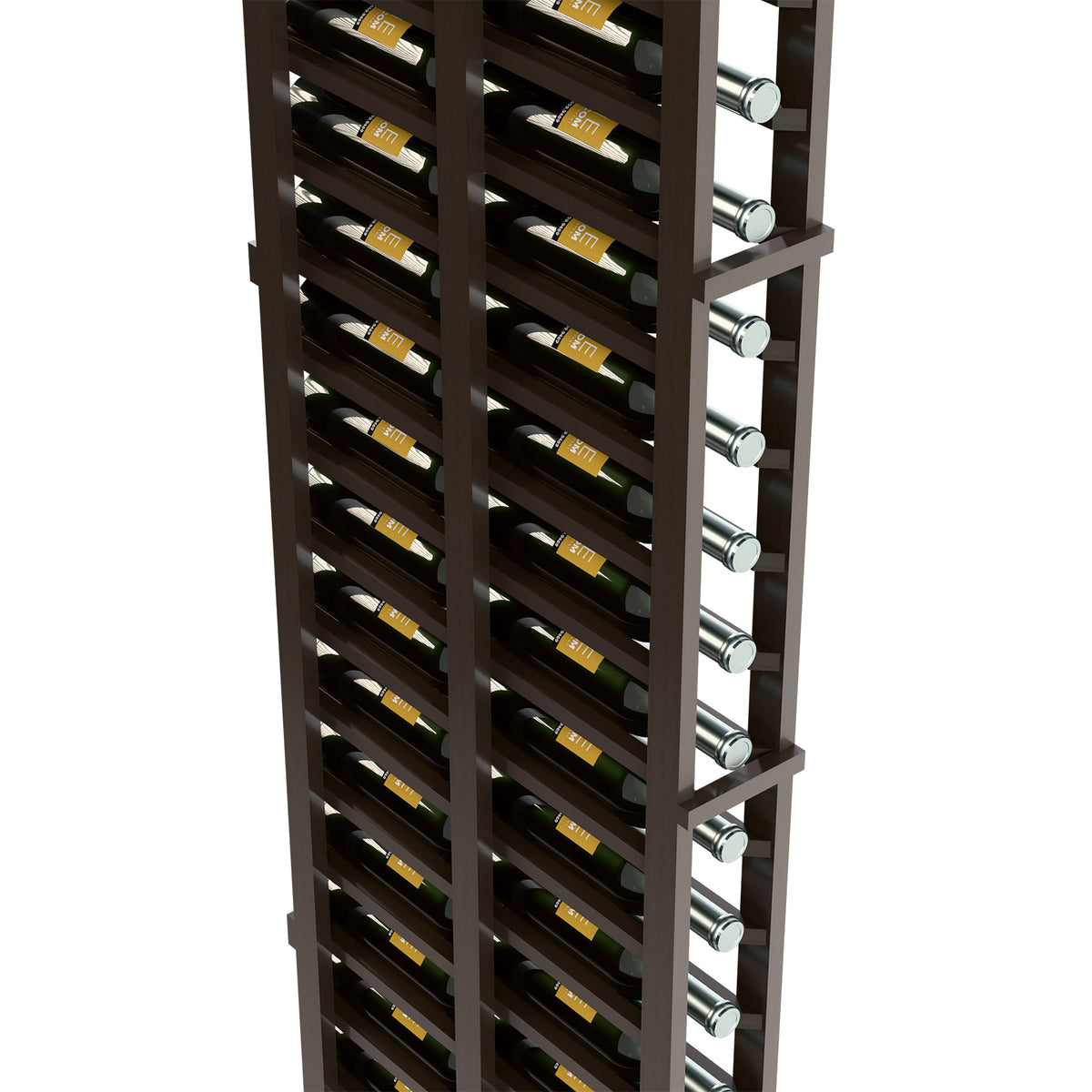 Dark brown wine bottle rack close-up with stacked bottle openings and metal peg dowels