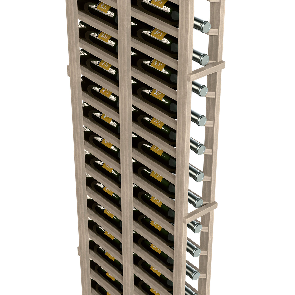 6-ft double-deep wine rack close-up, light gray wood slots and metal bottle pegs