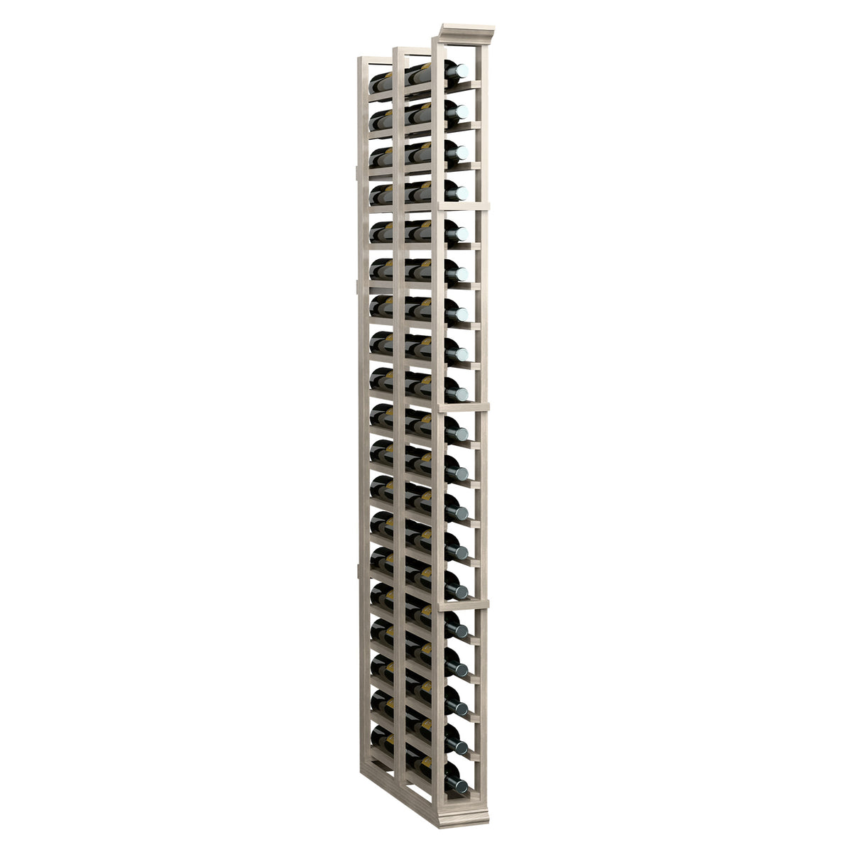 6-ft double-deep wine rack, light gray wood frame standing unit with metal bottle pegs