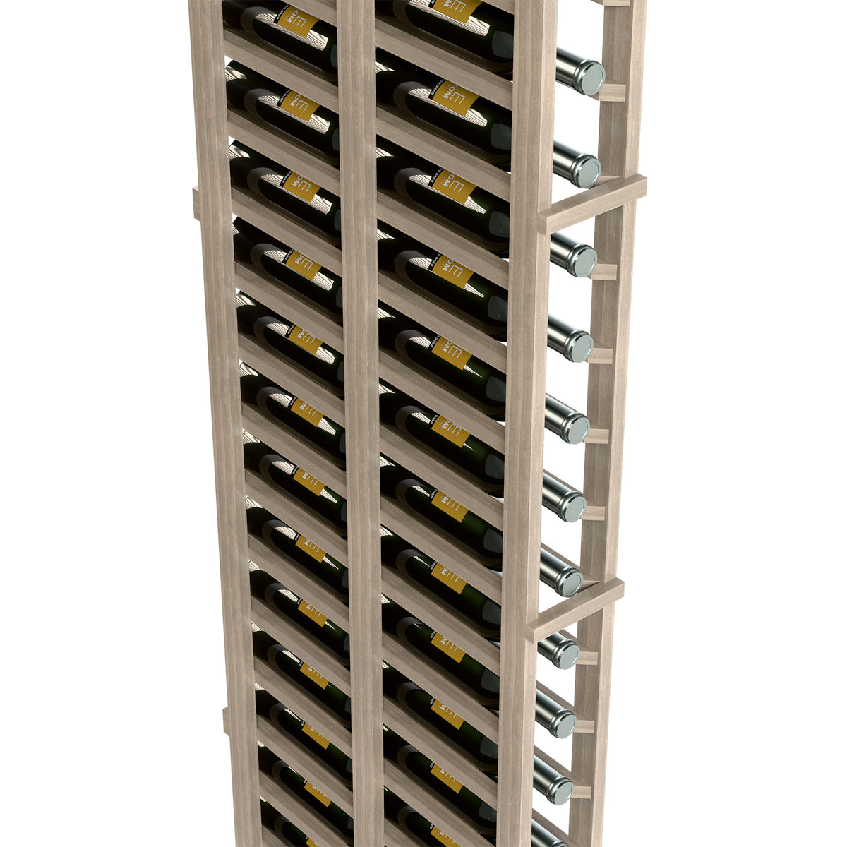 6-ft double-deep wine rack close-up, light gray shelves and metal bottle pegs