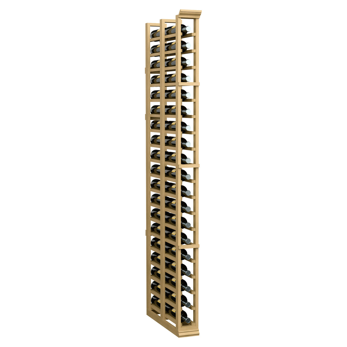 6-ft double-deep wine rack, light wood frame standing unit with metal bottle pegs