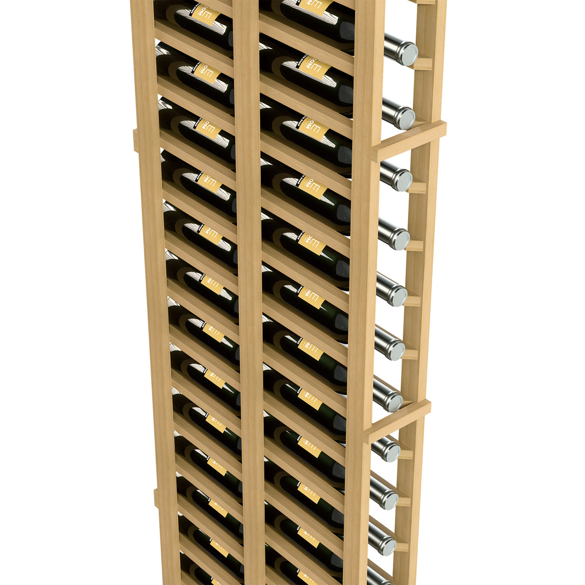6-ft double-deep wine rack close-up, light wood slots and metal bottle pegs