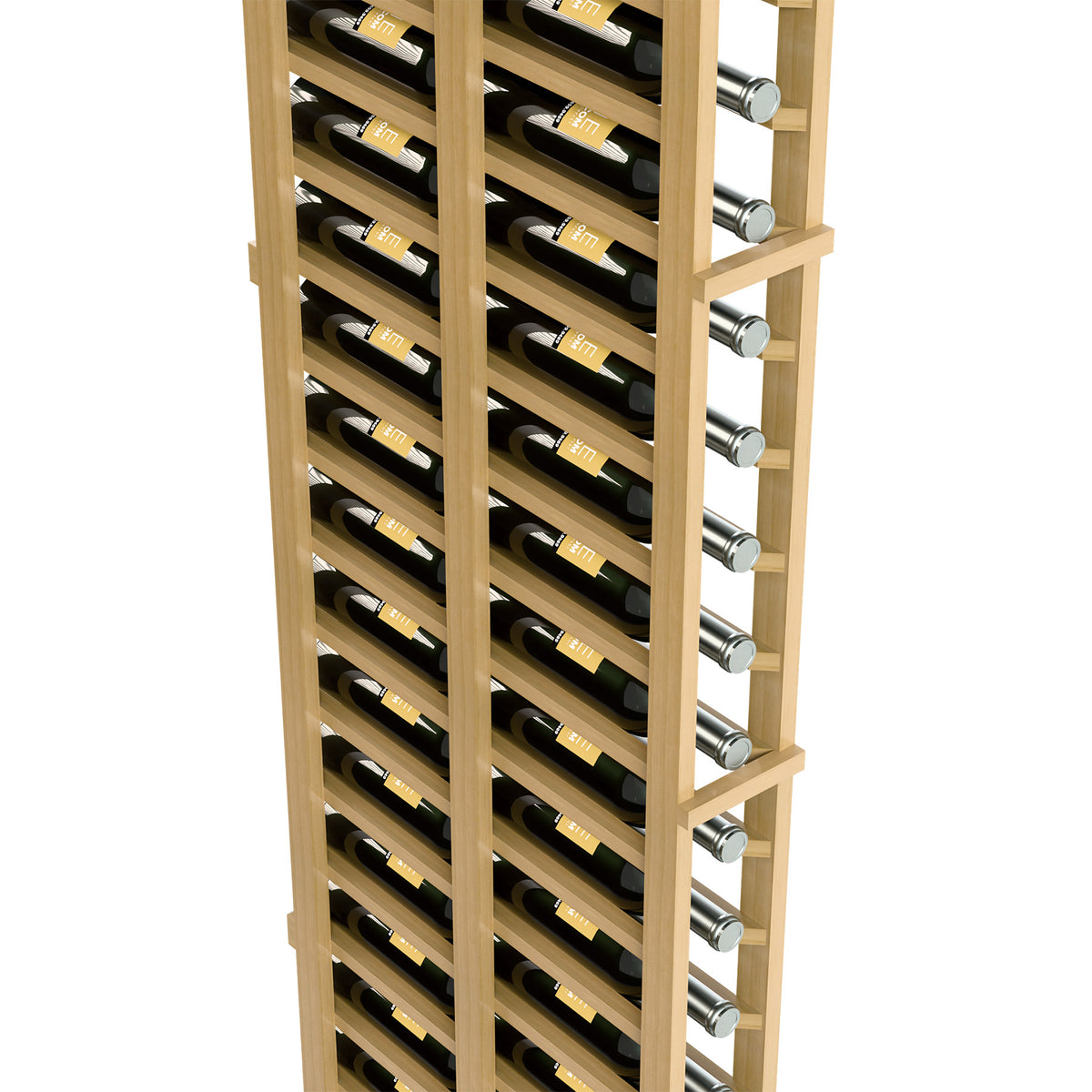 6-ft double-deep wine rack close-up, light wood shelves and metal bottle pegs