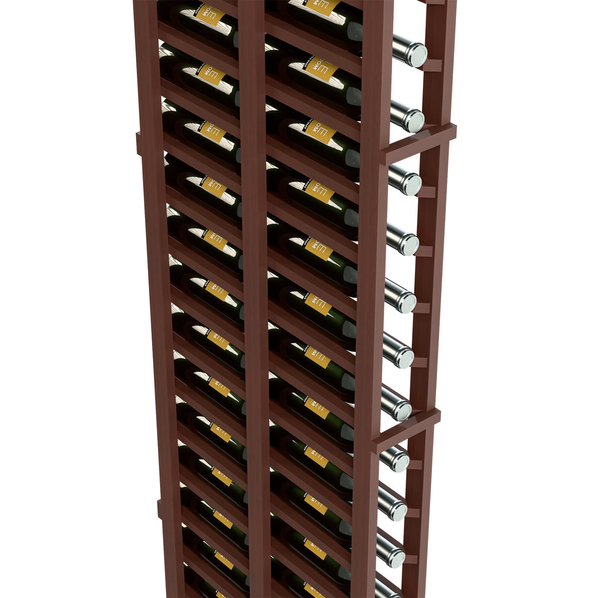 6-ft double-deep wine rack close-up, dark wood slots and metal bottle pegs
