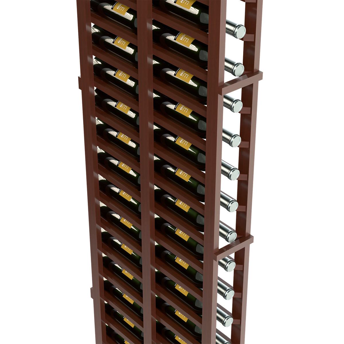 Dark wood wine rack closeup with bottle slots and silver support pegs