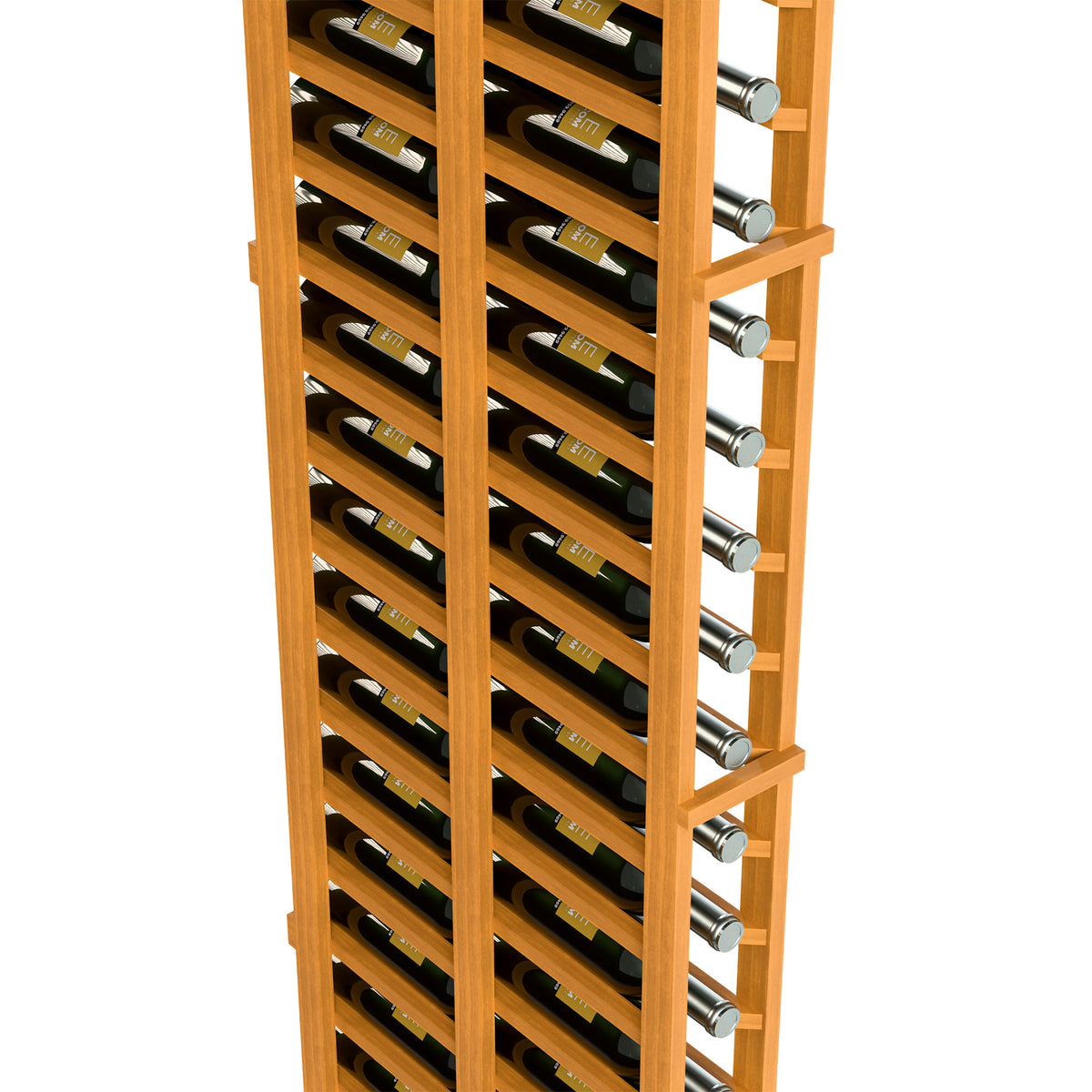 Light wood wine rack closeup with bottle slots and silver support pegs