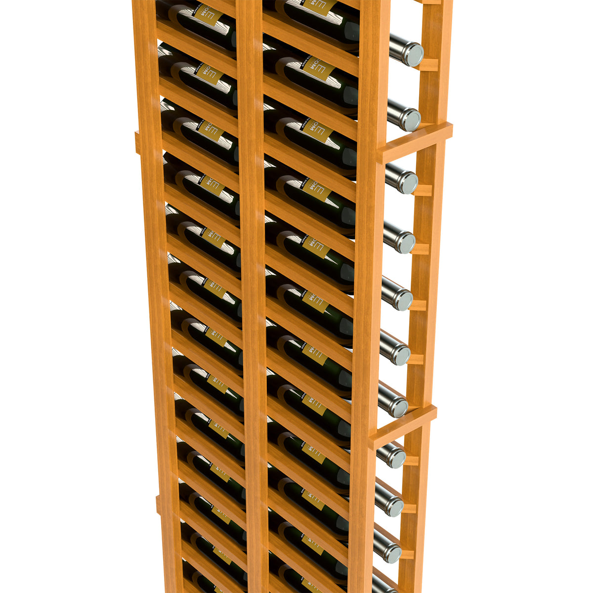 Light wood angled wine rack closeup with bottle slots and silver support pegs