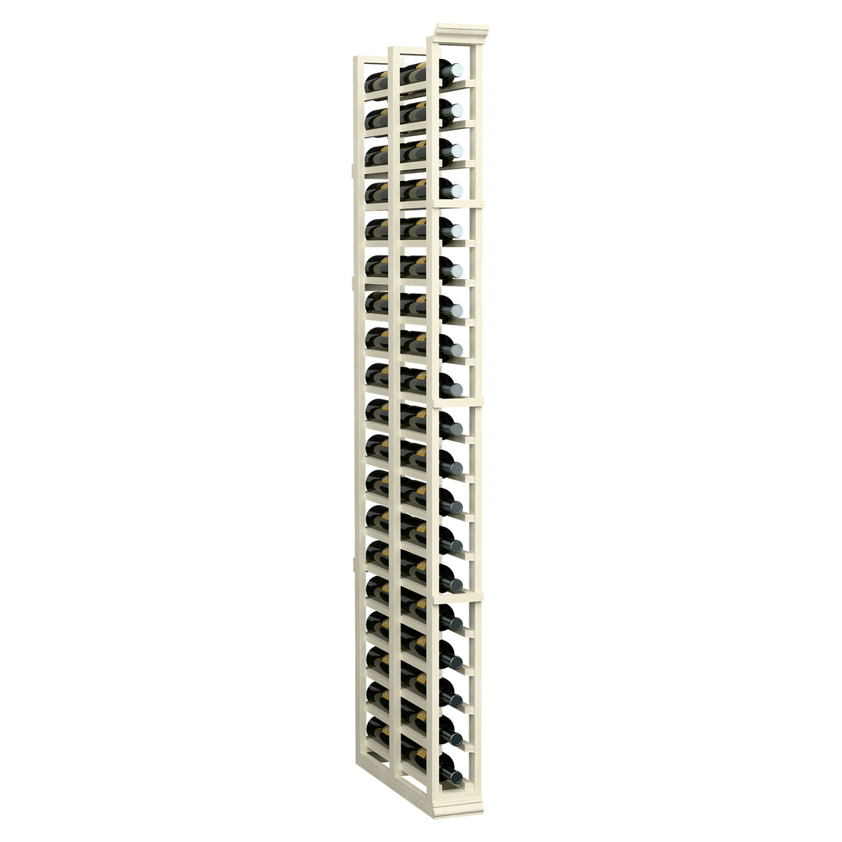White-washed 1-column double-deep wine rack with curved bottle holders
