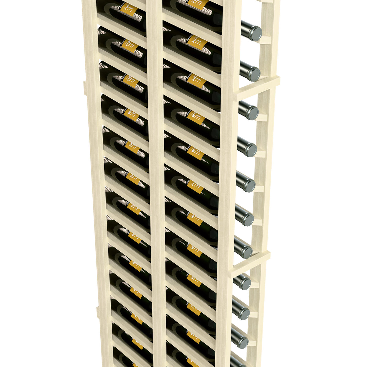 White-washed wine rack closeup with bottle slots and silver support pegs