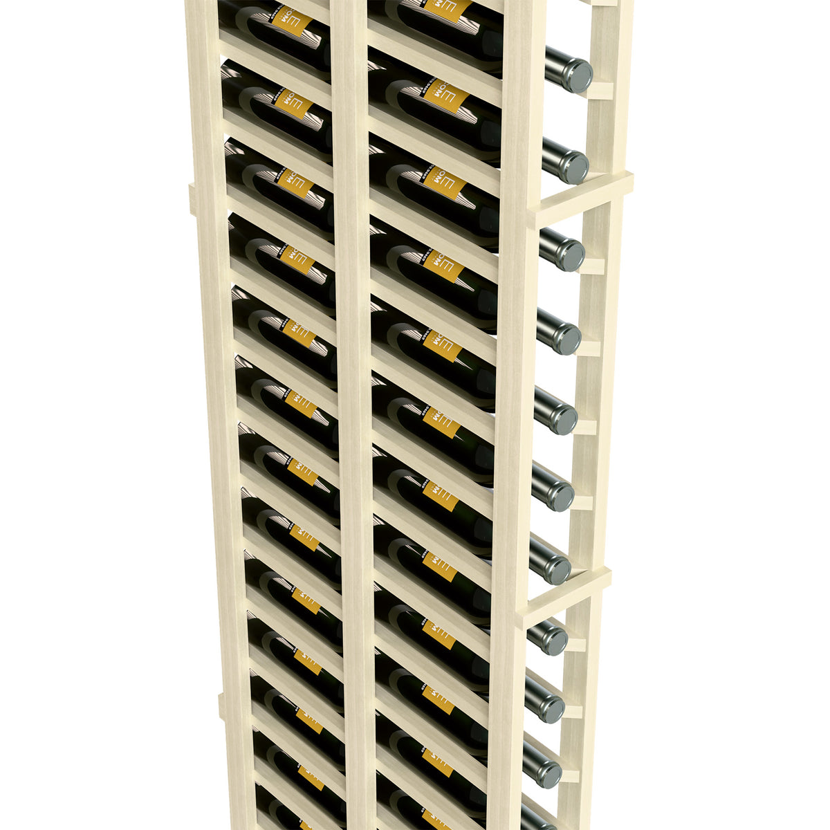 White-washed angled wine rack closeup with bottle slots and silver support pegs