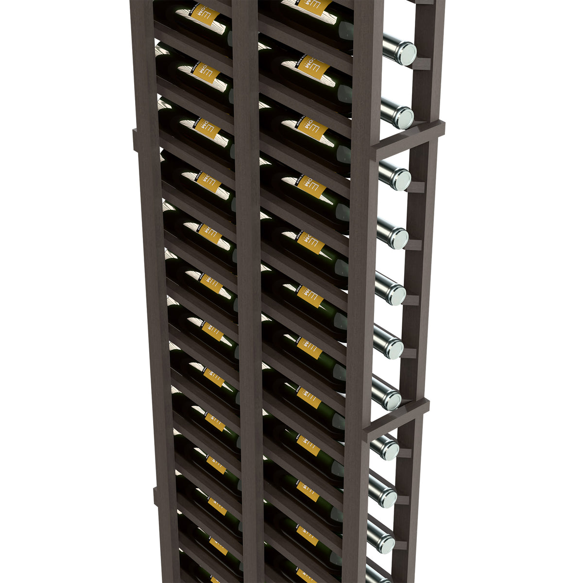 Close view of black double-deep wine bottle rack with cradle rows and metal peg ends