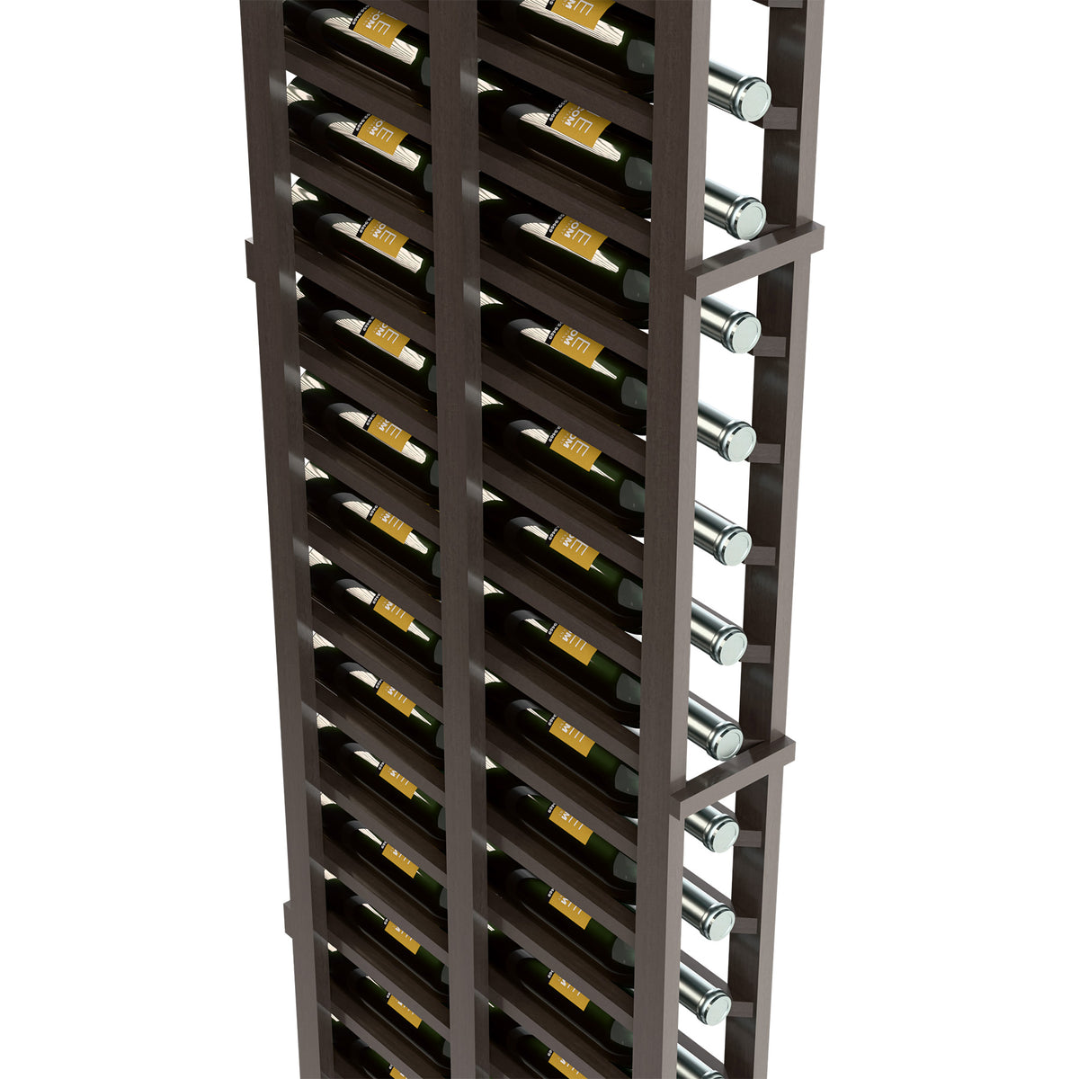 Close view of black double-deep wine bottle rack with wine bottles in cradle rows