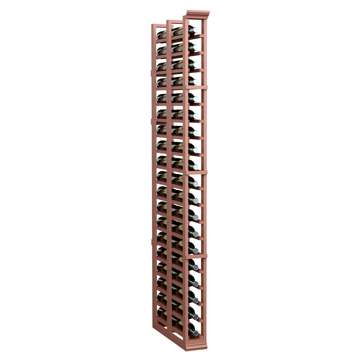 6ft red-brown double-deep wine bottle rack with stacked bottle rows and metal pegs