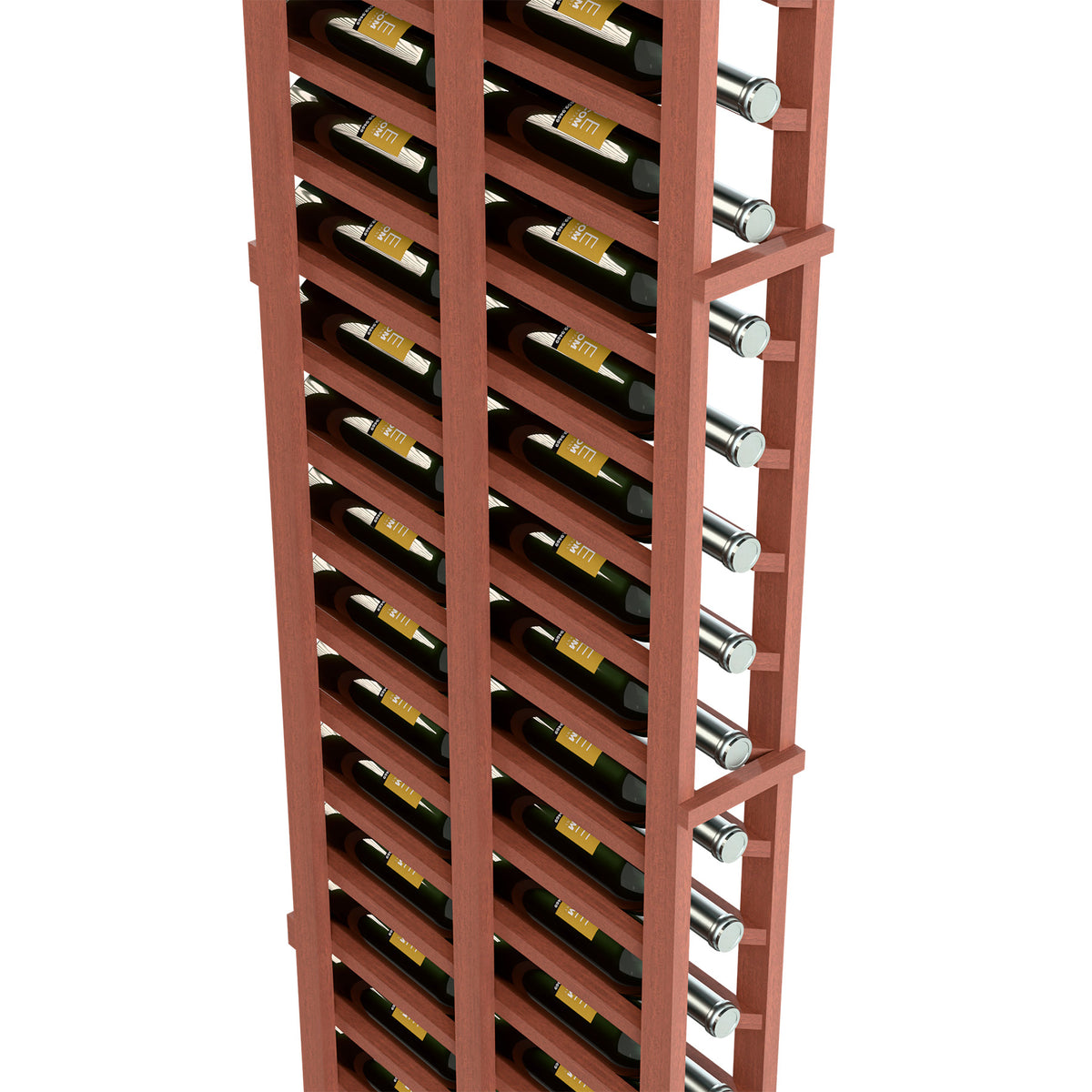 Close view of red-brown double-deep wine bottle rack with cradle rows and metal peg ends