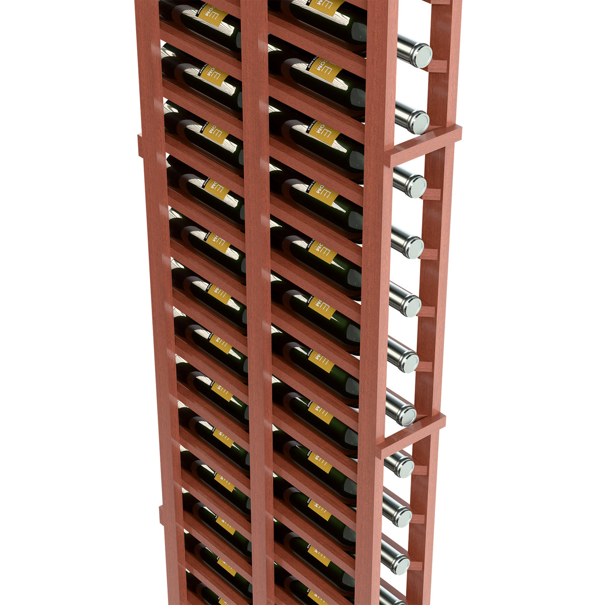 Close view of red-brown double-deep wine bottle rack with wine bottles and metal peg ends