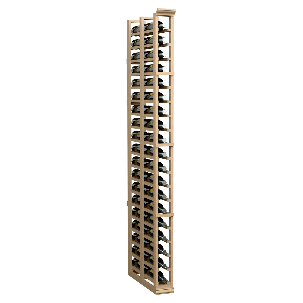 6ft light wood double-deep wine bottle rack with stacked bottle rows and metal pegs