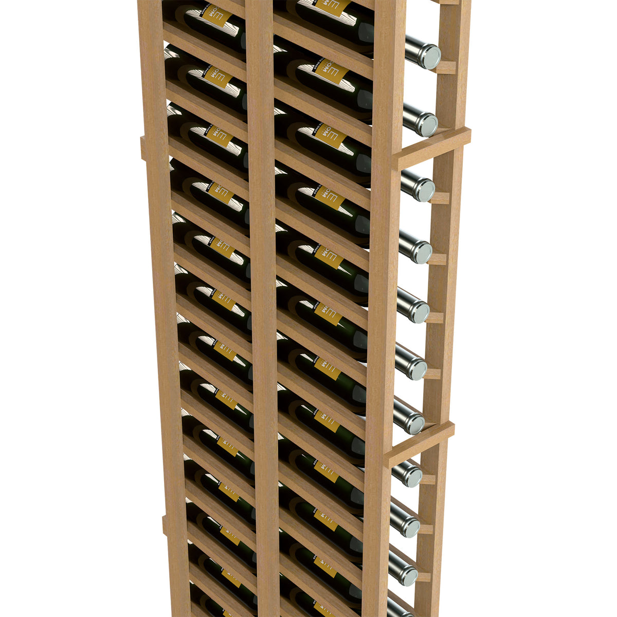 Close view of light wood double-deep wine bottle rack with cradle rows and metal peg ends