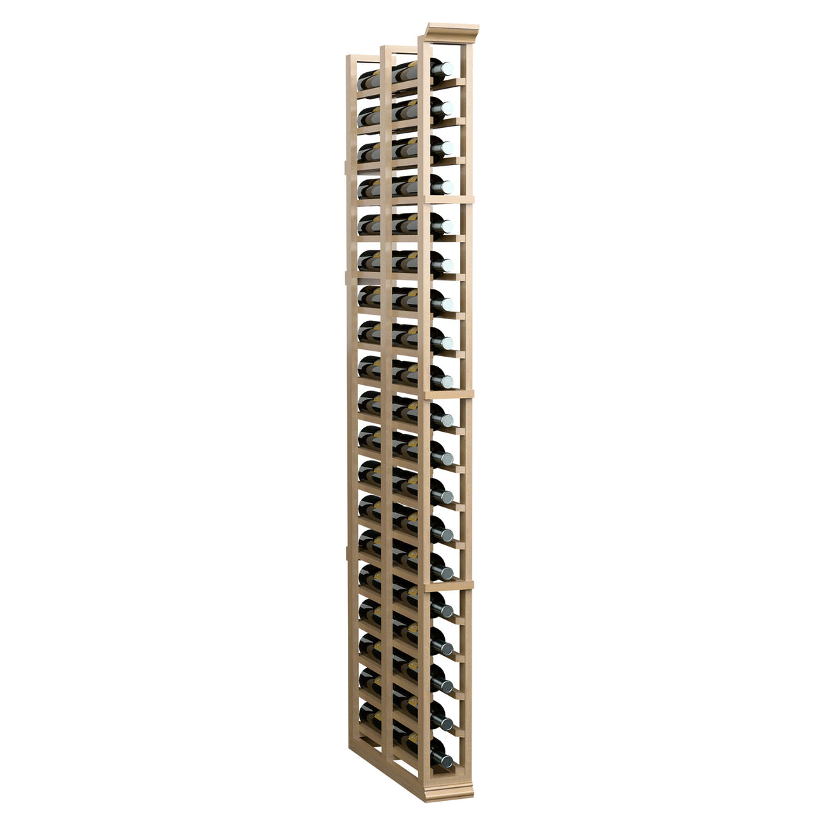 Tall double-deep wine rack with wooden frame and bottle cradles