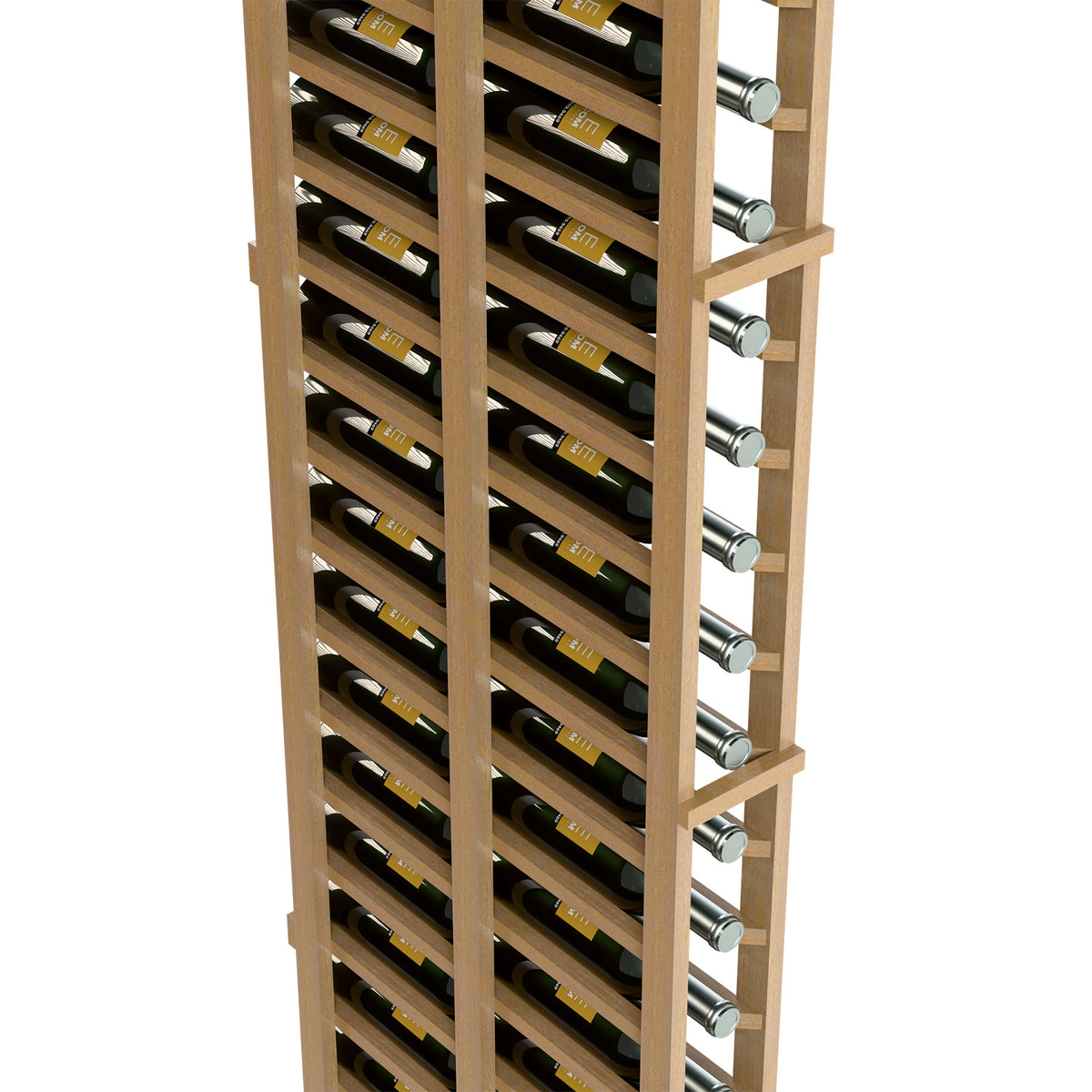 Side view of double-deep wine rack with wooden slats and metal bottle pegs