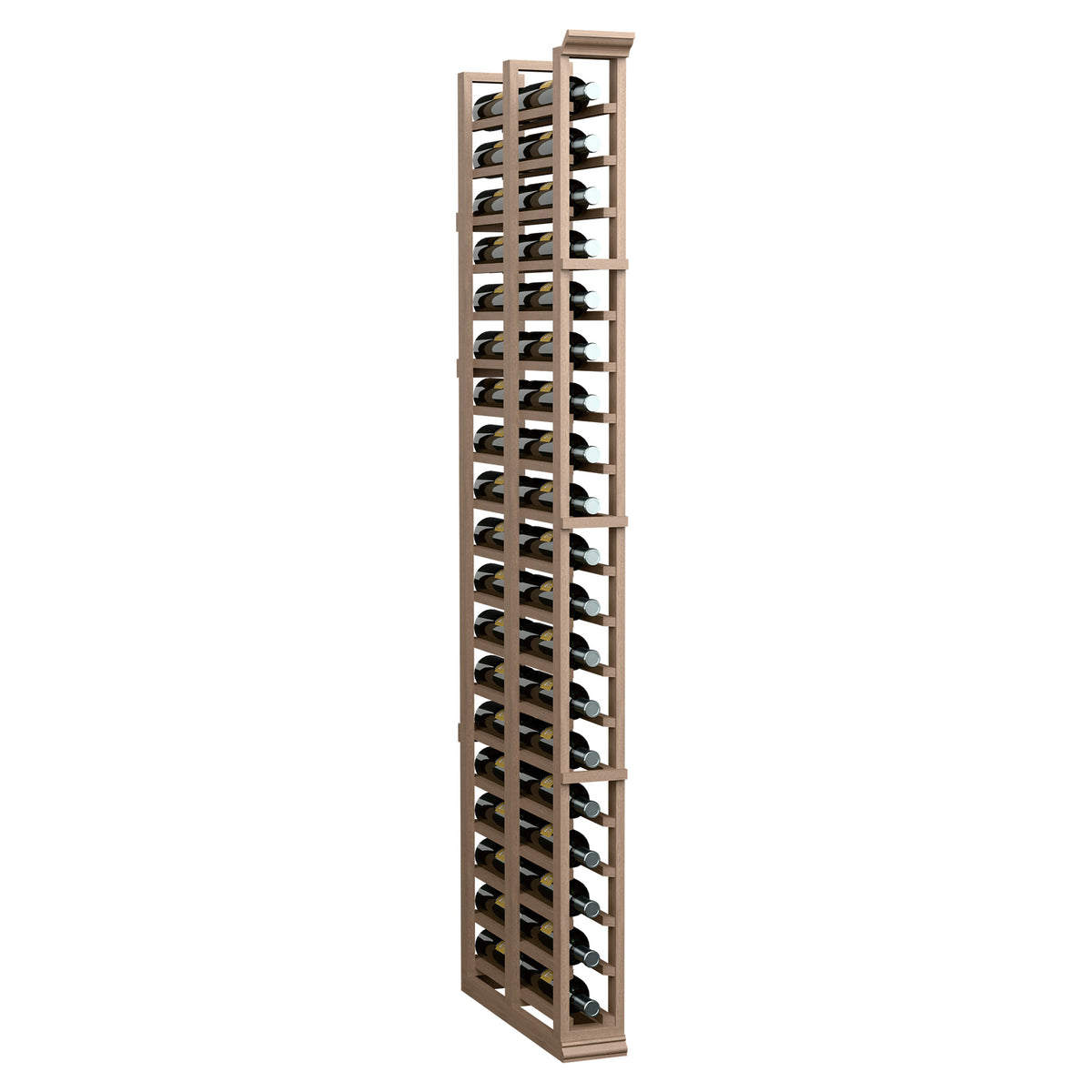 Freestanding double-deep wine rack with wooden frame holding wine bottles
