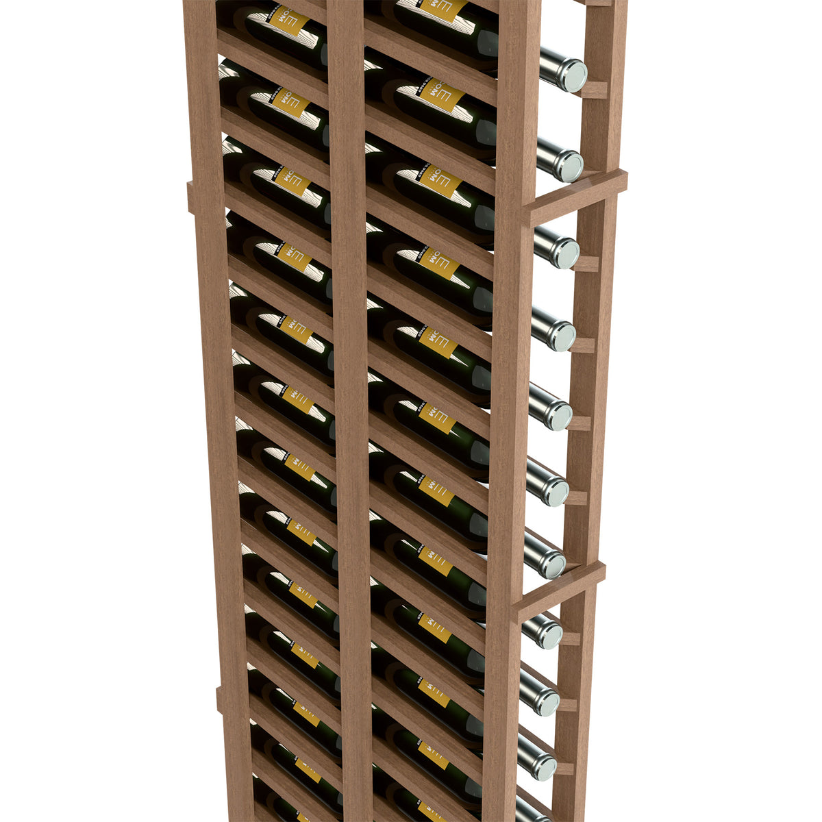 Close-up of double-deep wine rack with bottle slots and metal pegs