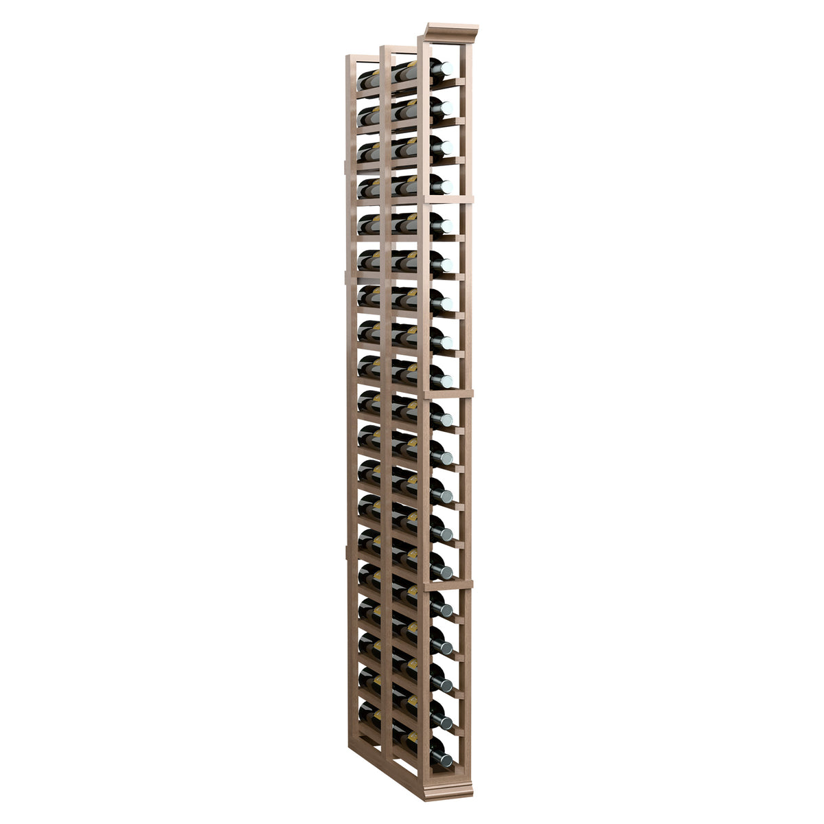 Freestanding double-deep wine rack with tall wooden frame and bottle cradles