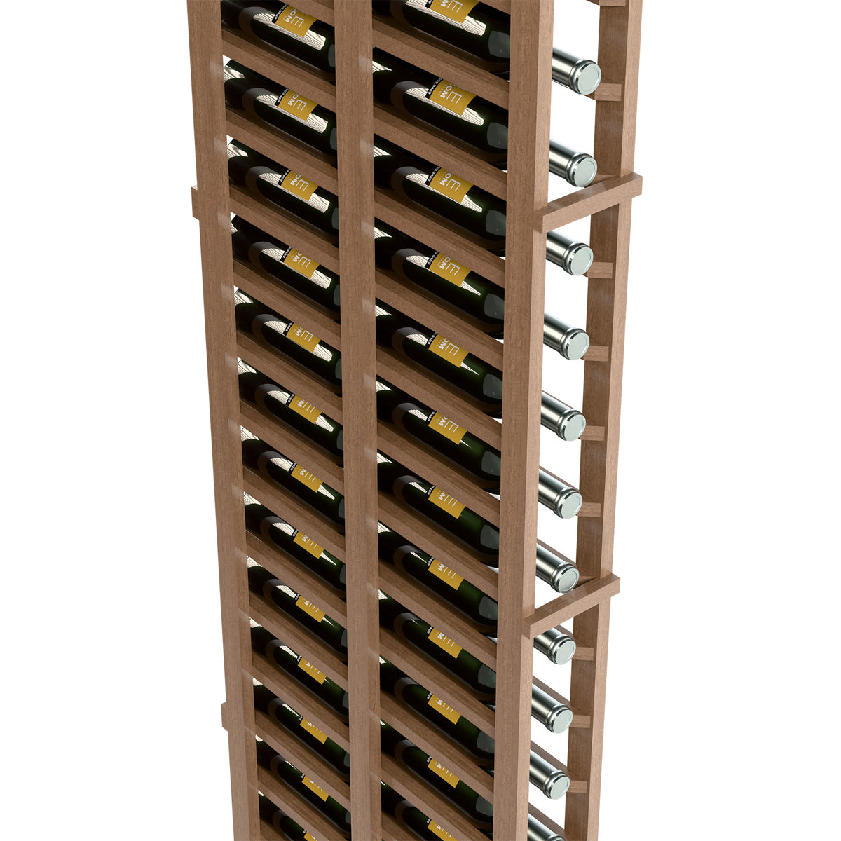 Side view of double-deep wine rack with wooden slats and metal bottle pegs