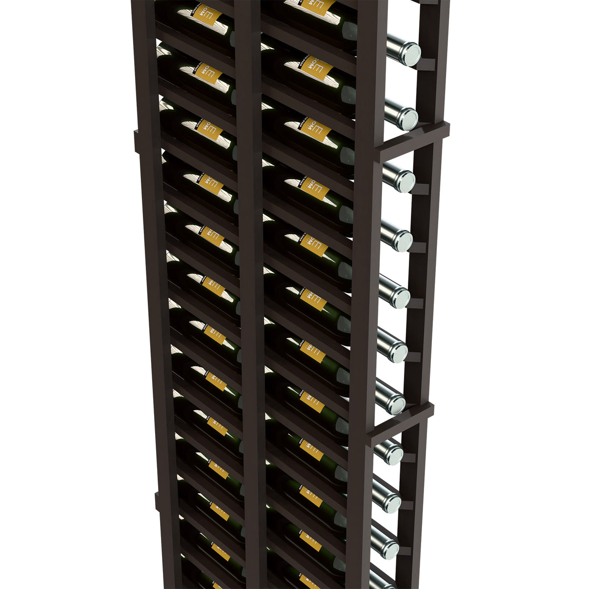 Double-deep wine rack with dark frame, bottle slots, and metal bottle pegs