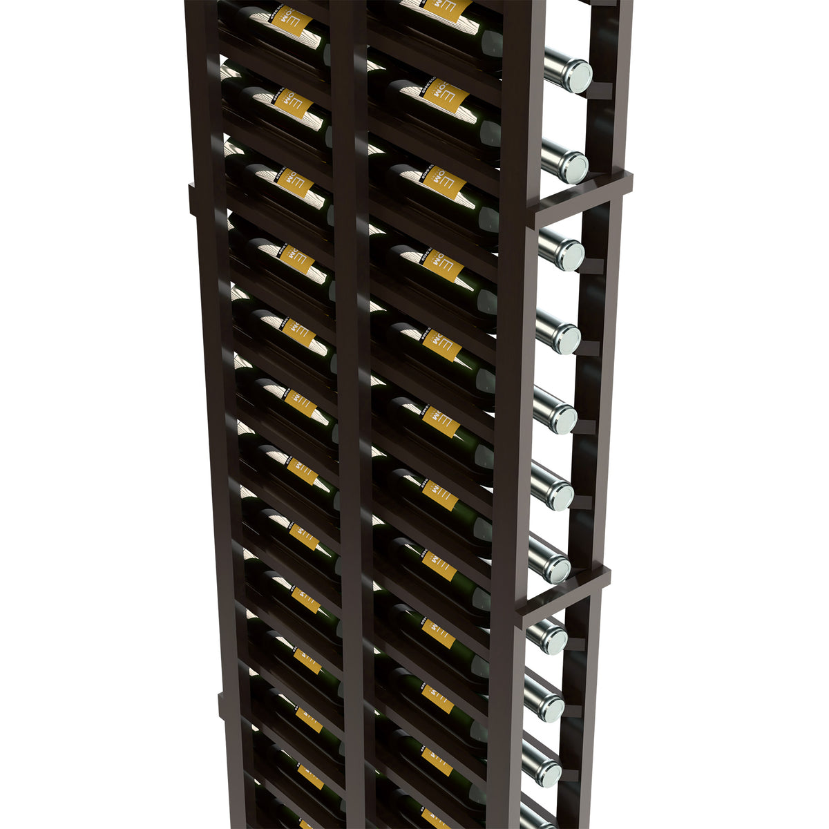 Black double-deep wine rack with bottle slots and chrome-colored metal pegs