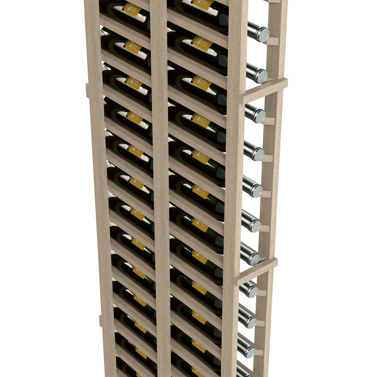 6-ft wine bottle rack front close-up, light wood grid with metal peg supports