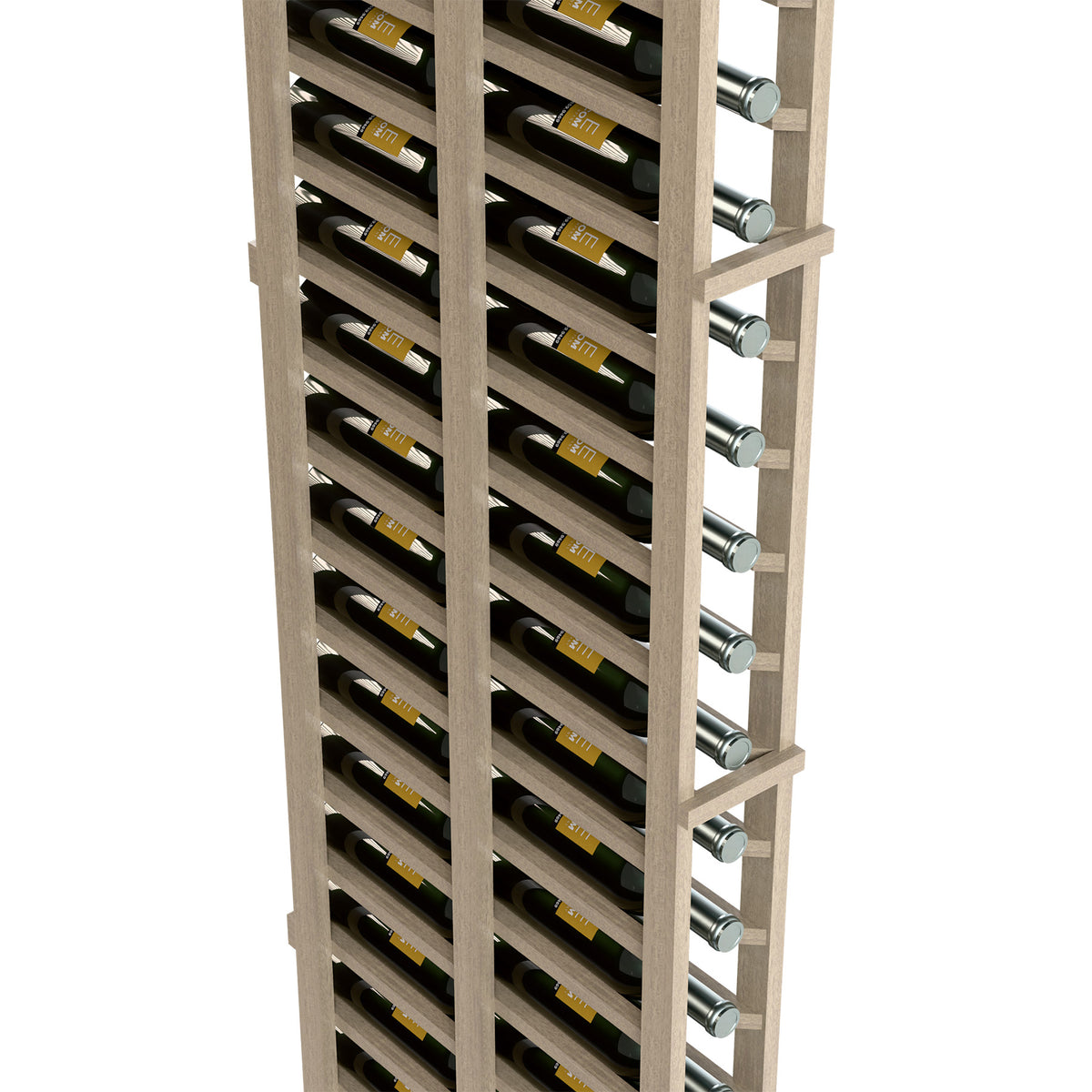 Wine bottle rack close-up, light wood frame with bottle slots and right-side metal pegs