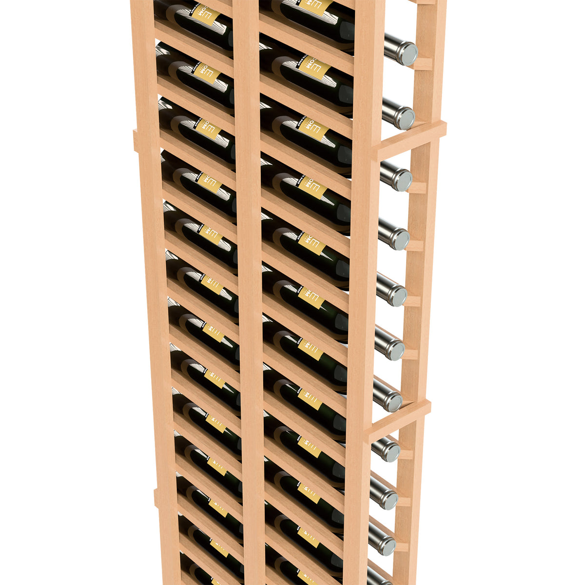 Wine bottle rack close-up, natural wood frame with bottle slots and metal peg supports