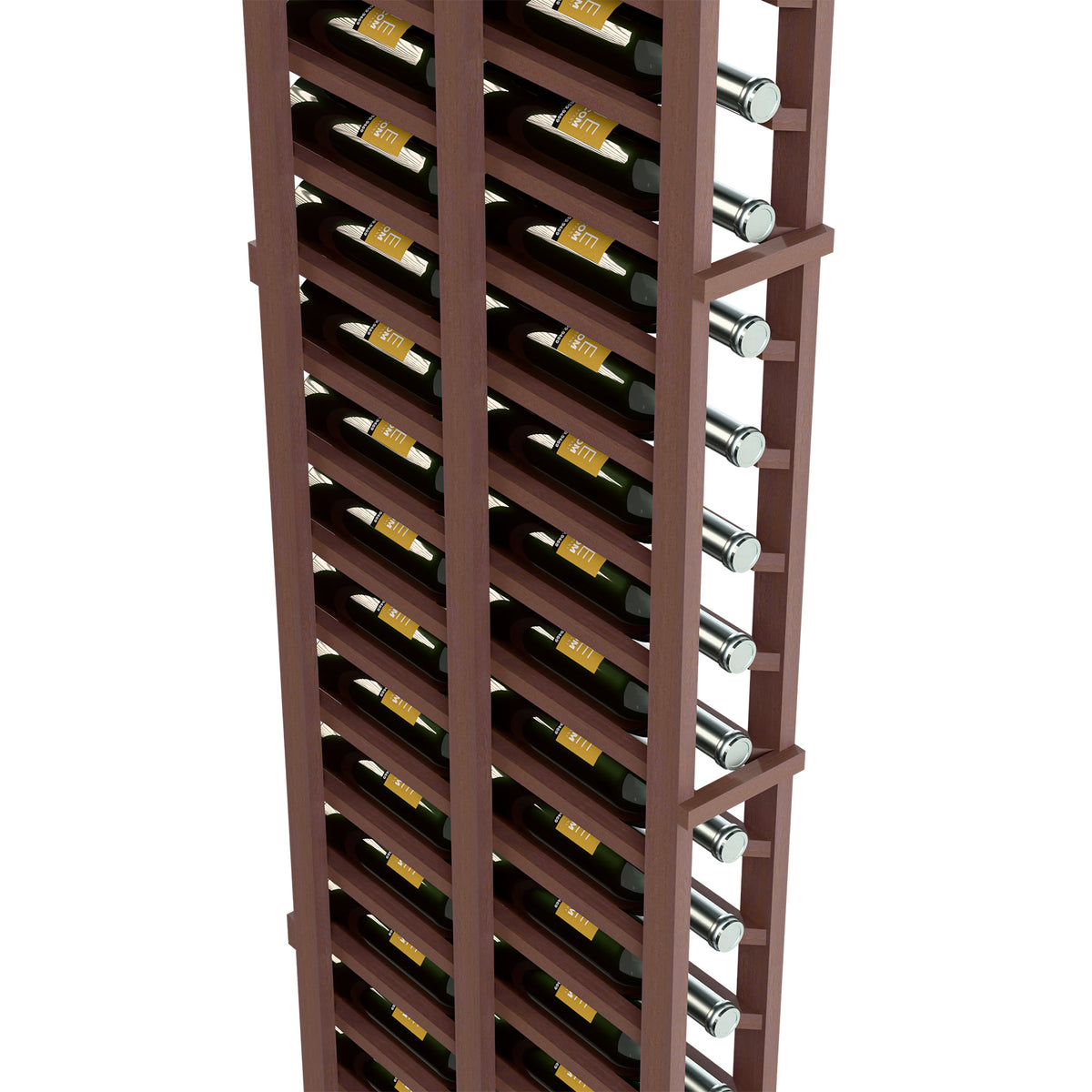 Wine bottle rack close-up, dark wood frame with bottles and metal peg supports